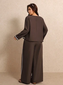 Elaquor Plus Size Women's Colorblock Long Sleeve Top And Pants Casual Daily 2 Pieces Set - Coffee Brown - View 2