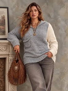 Roveilla Plus Size Women's Colorblock Pocket Hooded Long Sleeve Sweater - Multicolor - View 7