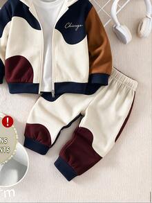 Young Boys Clothes Wave Color Block Chicago Letter Print Zip Up Hoodie Jacket And Jogger Pants Set Fall Winter Tracksuit 2Pcs Outfit - Multicolor - View 4