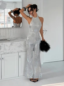 EgrlEra Women's Silver Glitter Halter Neck Sleeveless Jumpsuit For Party - Silver - View 6