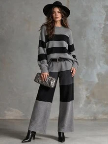 Solivie Women's Autumn/Winter Sweater 2 Pieces Set, Grey And Black Color Block Design Women Fall Winter Sweater Winter Set - Grey - View 1