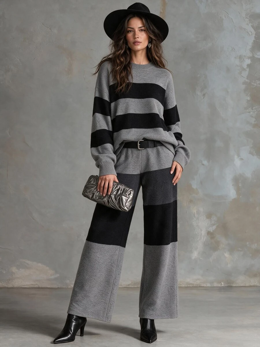 Solivie Women's Autumn/Winter Sweater 2 Pieces Set, Grey And Black Color Block Design Women Fall Winter Sweater Winter Set - Grey - View 1