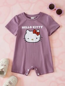 HELLO KITTY AND FRIENDS | SHEIN Romper Bayi Perempuan Motif Kartun Huruf untuk Pakaian Sehari-hari Kasual - Purple - View 1
