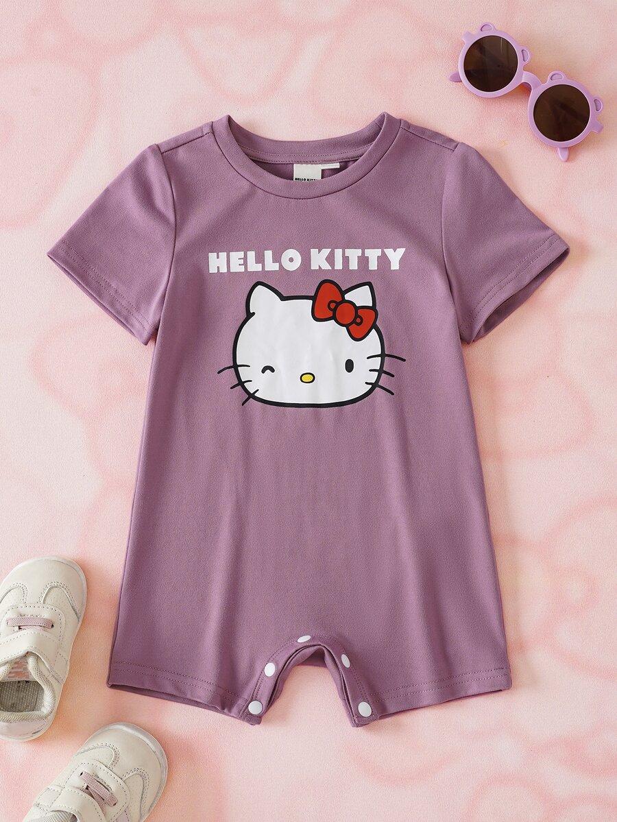HELLO KITTY AND FRIENDS | SHEIN Romper Bayi Perempuan Motif Kartun Huruf untuk Pakaian Sehari-hari Kasual - Purple - View 1