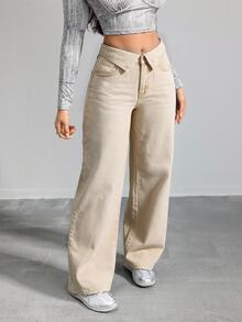 SHEIN Tall 女款摺腰直筒寬鬆休閒百搭牛仔褲 - 卡其色 - 查看 6