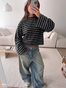 SHEIN EZwear 海外大尺碼黑色條紋印花圓領長袖T恤上衣，適合日常通勤、聚會、秋冬夏季、聖誕節、新年、感恩節、派對、婚禮、海灘、畢業典禮、優雅、外出、約會、通勤、情人節、度假、Y2K - 彩色 - 查看 6