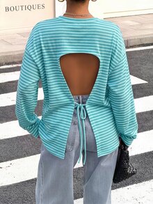 Muchica 女款寬鬆條紋露背綁帶長袖T恤，適合外出、返校、街頭穿搭，露背上衣 - 彩色 - 查看 7