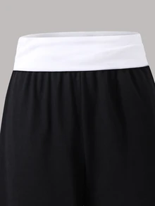 SHEIN 青少年女孩針織白色腰部抽褶寬鬆黑色休閒運動長褲 - 黑色 - 查看 3