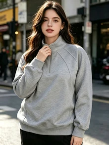 Easura Plus Size Women's White Floral Grey Raglan Sleeve Half-Zip Stand Collar Sweatshirt, Loose Fit Raglan Sleeve, Minimalist Versatile Top For Commuting And Shopping, Autumn/Winter - Grey - View 6