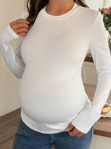 DAZY Solid Color Slim Fit Elastic Daily Versatile Korean Style Spring/Autumn Maternity T-Shirt - White - View 1