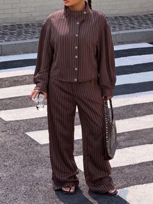 Muchica Plus Size Women's Striped Long Sleeve Top And Pants Casual Daily 2 Pieces Set - Brown - View 6