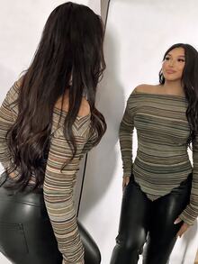 Firerie Plus Size Striped Asymmetric Shoulder Long Sleeve T-Shirt, Autumn/Winter - Multicolor - View 5