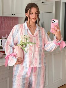Slumberry CURVE Plus Size Women Sweet INS Style Striped Bow Plaid Print Contrast Color Lapel Long Sleeve Pants Pajama Set - Multicolor - View 4