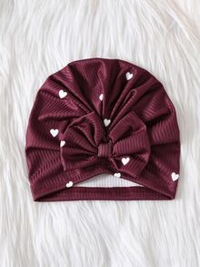 SHEIN Baby Girl 2pcs Ribbed Heart Print Footed Romper With Ruffle & Bow Hat Set, Soft Knit Autumn Daily Wear - Burgundy - View 4