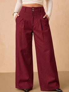 SHEIN Tall CURVE 大尺碼女款高腰口袋寬腿寬鬆休閒牛仔褲 - 紅色 - 查看 8