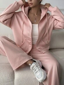 Livesso Women's Casual Solid Color Zip-Up Hoodie And Pants 2 Pieces Set - Pink - View 6