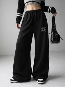 FRIFUL Women's Casual Letter Drawstring Loose Sweatpants - Black - View 3