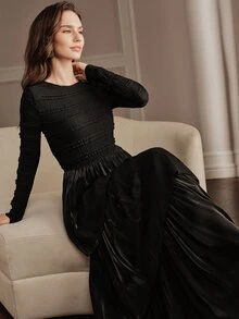 Anewsta French Style 3D Ruffled Shirred Long Sleeve Triple Layer Glossy Shirred Full Skirt Black Dress - Black - View 4