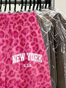 Conjunto de camiseta de manga larga con estampado de leopardo fucsia, letra y cintura fruncida & pantalones de pierna ancha, moda casual de otoño para niñas preadolescentes - Multicolor - Ver 7