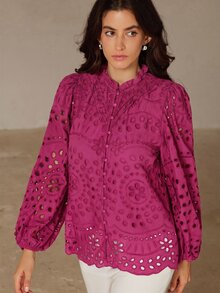 BELROSIE 秋季新款法式風情高級休閒重工刺繡鏤空百褶泡泡長袖襯衫 - 玫紅色 - 查看 3