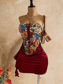 Soleia Women's Floral Print Ruched Elegant Waist-Cinching Strapless Mini Dress For Date - Red - View 4