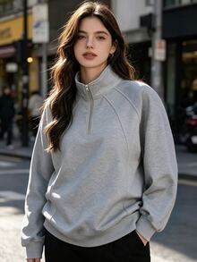 Easura Plus Size Women's White Floral Grey Raglan Sleeve Half-Zip Stand Collar Sweatshirt, Loose Fit Raglan Sleeve, Minimalist Versatile Top For Commuting And Shopping, Autumn/Winter - Grey - View 3