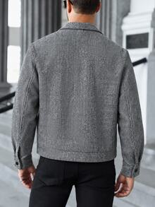 Manfinity Homme 男士高級垂直紋理羊毛混紡夾克，翻領拉鍊式寬鬆休閒外套，秋冬通勤百搭，萬聖節聖誕節新年穿搭，送給男友/丈夫的完美禮物 - 黑色 - 查看 2