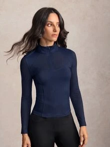 Activina Women's Stand Collar Half-Zip Contrast Color Pullover Equestrian Top Long Sleeve T-Shirt - Blue - View 7