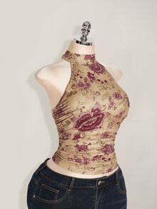 SHEIN ICON 大尺碼 Y2K 夏季外出波西米亞西式鄉村音樂會女款性感露背花卉印花掛脖上衣 - 卡其色 - 查看 8