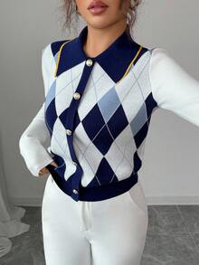 Elenzga Elegant Blue & White Argyle Pattern Turndown Collar Faux Placket Long Sleeve Knit Sweater, Suitable For Commuting And Everyday Wear, Autumn/Winter - Blue and White - View 7