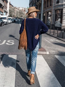 LanaWest Women's Vintage Distressed Hollow Out Tassel Cape Sweater ...