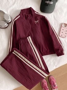SHEIN 女童小女孩拼色條紋拉鍊外套配蝴蝶結、鬆緊腰長褲，復古套裝，日常穿著校園返校裝 - 酒紅色 - 查看 6