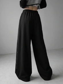 FRIFUL Women's Casual Letter Drawstring Loose Sweatpants - Black - View 2