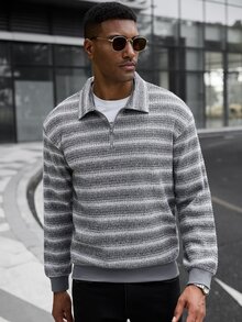 Manfinity CasualCool Ins熱銷男士灰色與白色條紋抓絨面料翻領拉鍊半開襟套頭衛衣，送給爸爸、丈夫、男友的萬聖節、聖誕節、新年禮物 - 彩色 - 查看 5