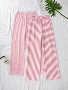 SHEIN Women Cotton 2 Pcs Fake Drawstring Solid Color Sleep Pants Home Wear Comfort Set - Baby Pink - View 2