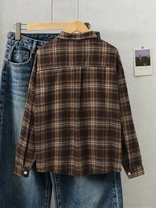 SHEIN 青少年女孩休閒時尚經典格紋布料襯衫，寬鬆版型，舒適，適合春秋日常通勤、外出、聚會、拍照、購物 - 棕色 - 查看 2