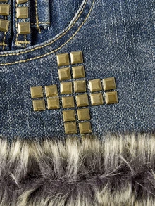 ROMWE Grunge Punk Y2K Retro Metal Rivet Design Mixed Color Frayed Patchwork Ultra Low Waist Mini Denim Skirt For Women - Blue - View 4
