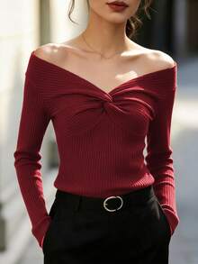 Balvessa French Style Off-Shoulder Twisted Knot Brushed Ribbed Knit Long Sleeve Top, Women's Autumn/Winter New Design Gentle Elegant Blouse, Suitable For Daily Wear, Commuting, Inner Layering T-Shirt, Office Outfit - Burgundy - View 5