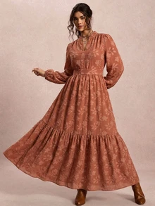 Freevana Plus Size Women's Autumn/Winter Vintage Floral Print Ruffle Hem Elegant Dress - Orange - View 4