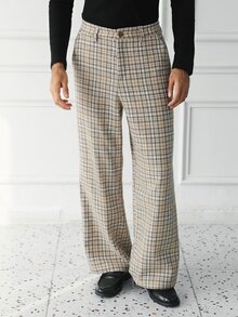 HUEFORM Men's Old Money Khaki Plaid Vintage High-Waisted Slightly Flared Trousers, Commute Plaid Casual Home Daily Outing All Season Versatile Long Pants - Brown - View 4