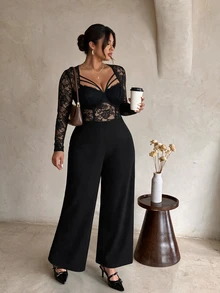 Firerie Plus Size Women's Lace Patchwork Sexy Elegant Everyday Party Cocktail Jumpsuit Halloween Black Jumpsuit For Women Fall/Winter Christmas & New Year - Black - View 4
