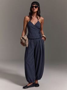 Athîral Women's Casual Open Neck Cold Shoulder Solid Color Lace Up Sleeveless Top And Balloon Pants 2 Pieces Set, Suitable For Daily Wear, Dates, And Parties - Navy Blue - View 5