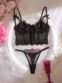 Crystal Vow 2件組酒紅色玫瑰刺繡鋼圈內衣與內褲套裝 女款 - 黑色 - 查看 2