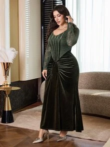 Modelyn Women's Vintage Velvet Patchwork Dress, Autumn/Winter Party Evening Gown - Olive Green - View 6