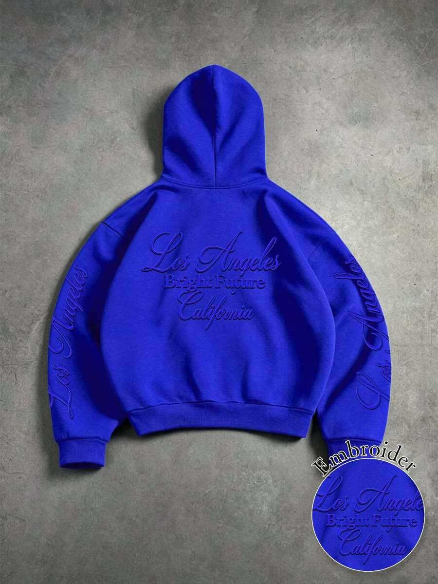 Manfinity Roghcode 男士字母刺繡長袖休閒連帽衫 - 藍色 - 查看 1