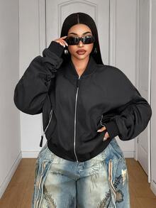 Maweii Plus Size Women Solid Color Pleated Long Sleeve Zipper Front Baseball Collar Cool Jacket - Black - View 2