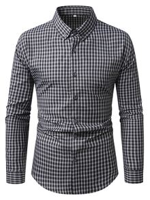 Manfinity Bizformal 26 Kemeja Pria Lengan Panjang Kerah Kancing Motif Kotak-kotak Musim Semi/Panas, Hitam Abu-abu, Tenun Ringan - Hitam - View 4