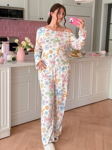 Slumberry CURVE Sweet Cute Colorblock Bow & Floral Print Asymmetric Shoulder Strap Knit Plus Size Pajama Set - Multicolor - View 6