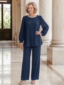 EMERY ROSE Middle-Aged Women Faux Pearl Decor Long Sleeve Top And Casual Pants Set - Blue - View 3