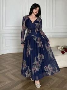 Modelyn Plus Size Women's V-Neck Floral Print Casual Party Dress - Navy Blue - View 5